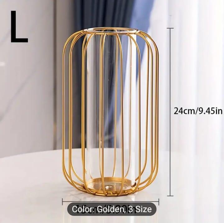 Nordic Golden Geometric Glass Vase – Luxury Decorative Metal Flower Holder