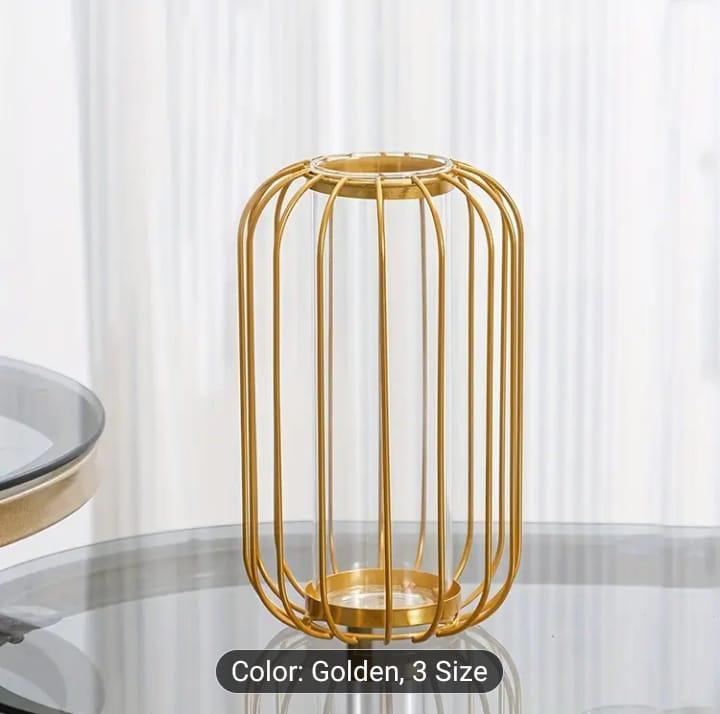 Nordic Golden Geometric Glass Vase – Luxury Decorative Metal Flower Holder