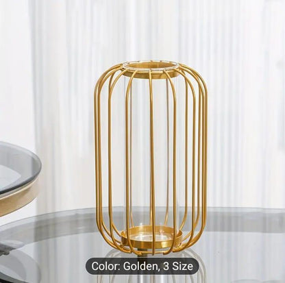 Nordic Golden Geometric Glass Vase – Luxury Decorative Metal Flower Holder